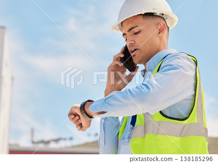 Engineer on construction site, phone call and checking time for building schedule, inspection and maintenance. Architecture, communication and business man with cellphone looking at watch on site. Engineer on construction site, phone call and checking time for building schedule, inspection and maintenance. Architecture, communication and business man with cellphone looking at watch on site. 138185296