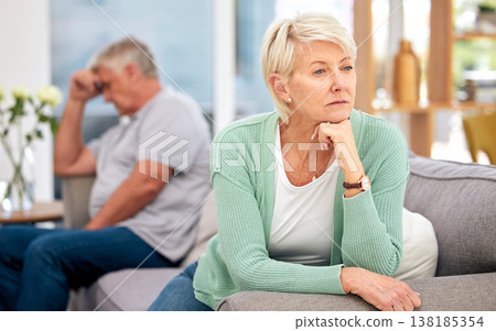 Mature, couple and thinking after fight in home on sofa with disagreement, issue or problem in relationship. Man, woman and decision in divorce, frustrated and confession of infidelity, cheat or loss Mature, couple and thinking after fight in home on sofa with disagreement, issue or problem in relationship. Man, woman and decision in divorce, frustrated and confession of infidelity, cheat or loss 138185354