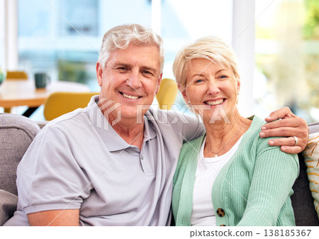Senior, portrait or happy couple in home with love on sofa to bond or hug in a marriage commitment together. Smile, face or mature people in retirement with care or support in living room to relax Senior, portrait or happy couple in home with love on sofa to bond or hug in a marriage commitment together. Smile, face or mature people in retirement with care or support in living room to relax 138185367