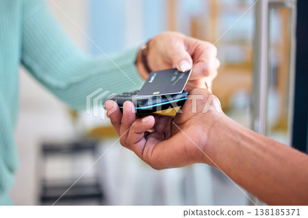 Machine, hands or payment with credit card by customer at checkout transaction on electronic pos. Shopping closeup, fintech services or client paying to purchase at store for retail sale or discount 138185371