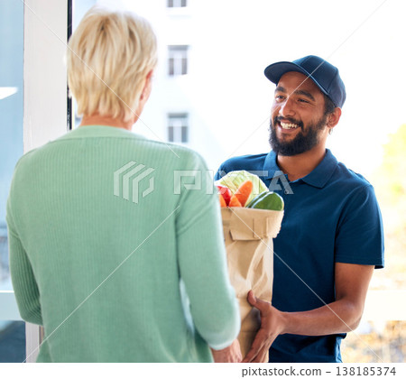 Courier, food and smile for customer, groceries and fresh produce from online shopping. Happy delivery man, supermarket discount and deal from supply chain, distribution with front door service. Courier, food and smile for customer, groceries and fresh produce from online shopping. Happy delivery man, supermarket discount and deal from supply chain, distribution with front door service. 138185374
