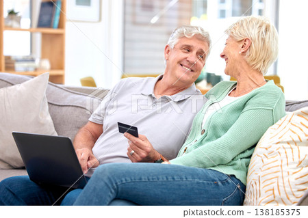 Laptop, senior or happy couple online shopping with credit card for digital product with discount code. Smile, promo or mature people with financial payment to buy on sale on fintech website at home 138185375