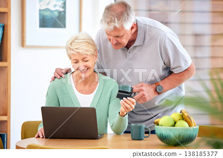 Ecommerce, mature or happy couple with laptop, credit card or discount code for digital product at home. Coffee, online shopping promo or senior people on fintech website for payment or sale search 138185377