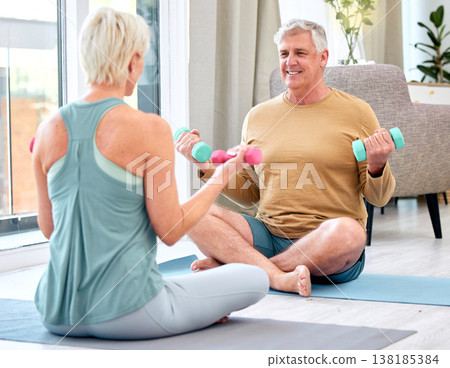 Fitness, elderly and couple with dumbbell for exercise, wellness and muscle training on mat with happiness. Senior, man and woman with workout for healthy body, mindset and healthcare with motivation Fitness, elderly and couple with dumbbell for exercise, wellness and muscle training on mat with happiness. Senior, man and woman with workout for healthy body, mindset and healthcare with motivation 138185384