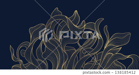 Luxury gold line floral pattern, elegant leaves and flowers, blue background. Vector illustration Japanese ornament, Art Deco, Nouveau style, modern vintage aesthetic, wedding invitations, perfume Luxury gold line floral pattern, elegant leaves and flowers, blue background. Vector illustration Japanese ornament, Art Deco, Nouveau style, modern vintage aesthetic, wedding invitations, perfume 138185412