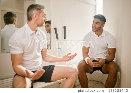Talking, fitness and men or friends for tennis, training advice and sports together. Happy, game and a coach with an athlete for exercise motivation, conversation and discussion about a match Talking, fitness and men or friends for tennis, training advice and sports together. Happy, game and a coach with an athlete for exercise motivation, conversation and discussion about a match 138185440