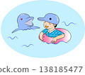一個穿著救生圈的男孩與海豚互動。 138185477