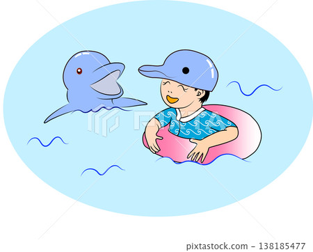 A boy wearing a lifebuoy interacts with dolphins. 138185477