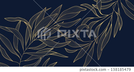 Luxury gold line floral pattern, elegant leaves and flowers, blue background. Vector illustration Japanese ornament, Art Deco, Nouveau style, modern vintage aesthetic, wedding invitations, perfume Luxury gold line floral pattern, elegant leaves and flowers, blue background. Vector illustration Japanese ornament, Art Deco, Nouveau style, modern vintage aesthetic, wedding invitations, perfume 138185479