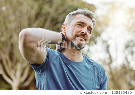 Runner man, neck pain and injury in park, thinking and stress in nature for workout, training or health. Mature person, muscle emergency and sad for arthritis, fibromyalgia or osteoporosis in summer Runner man, neck pain and injury in park, thinking and stress in nature for workout, training or health. Mature person, muscle emergency and sad for arthritis, fibromyalgia or osteoporosis in summer 138185480