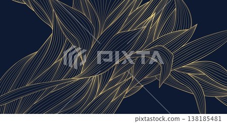 Luxury gold line floral pattern, elegant leaves and flowers, blue background. Vector illustration Japanese ornament, Art Deco, Nouveau style, modern vintage aesthetic, wedding invitations, perfume Luxury gold line floral pattern, elegant leaves and flowers, blue background. Vector illustration Japanese ornament, Art Deco, Nouveau style, modern vintage aesthetic, wedding invitations, perfume 138185481