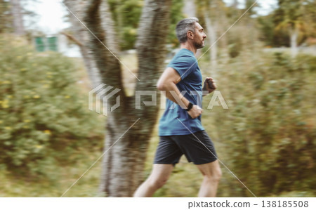 Man, running and forest in workout, training or outdoor cardio exercise for healthy wellness or weight loss. Active male person, athlete or runner in sports run, sprint or race for fitness in nature Man, running and forest in workout, training or outdoor cardio exercise for healthy wellness or weight loss. Active male person, athlete or runner in sports run, sprint or race for fitness in nature 138185508
