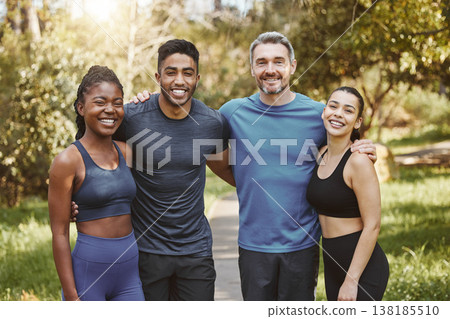 Fitness, group and people hug for portrait, athlete team and support for sport and health. Exercise friends, diversity and healthy with challenge, training together with workout and trust in forest Fitness, group and people hug for portrait, athlete team and support for sport and health. Exercise friends, diversity and healthy with challenge, training together with workout and trust in forest 138185510