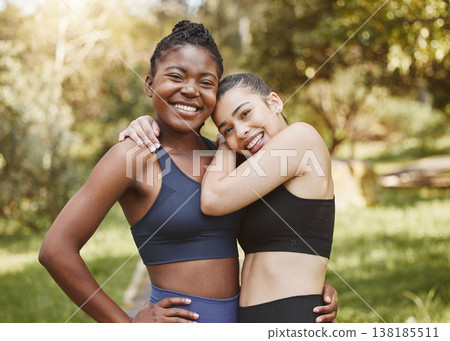 Fitness, happy and portrait of friends in a forest after workout, exercise and outdoor training together with support and care. smile, nature and women hug in morning ready for wellness teamwork Fitness, happy and portrait of friends in a forest after workout, exercise and outdoor training together with support and care. smile, nature and women hug in morning ready for wellness teamwork 138185511