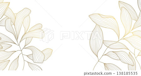 Luxury gold floral pattern with elegant line leaves and flowers on white background. Vector illustration, Japanese ornament with modern art deco style, organic shapes, flowing lines. 138185535