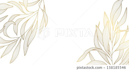 Luxury gold floral pattern with elegant line leaves and flowers on white background. Vector illustration, Japanese ornament with modern art deco style, organic shapes, flowing lines. Luxury gold floral pattern with elegant line leaves and flowers on white background. Vector illustration, Japanese ornament with modern art deco style, organic shapes, flowing lines. 138185546