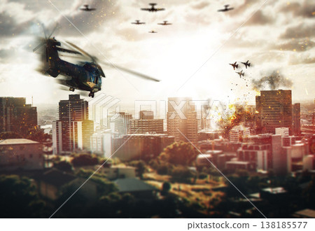 City, helicopter and fight with warzone, conflict and explosion with battlefield, urban development and destruction. Fighters, town and outdoor with buildings, aerial attack and action with combat City, helicopter and fight with warzone, conflict and explosion with battlefield, urban development and destruction. Fighters, town and outdoor with buildings, aerial attack and action with combat 138185577