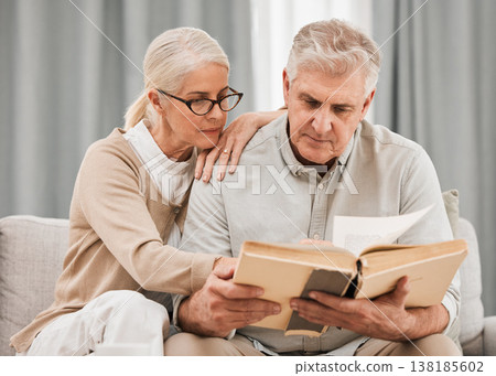 Old people, Bible study and Christian faith with worship and reading book, wellness and spiritual together in retirement. Bonding over religion, couple at home with gospel and scripture, God and pray 138185602