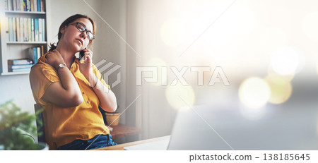 Remote work from home, phone call and woman with neck pain, banner and laptop with connection. Person, freelancer and entrepreneur with a smartphone, stress and burnout with muscle tension or talking Remote work from home, phone call and woman with neck pain, banner and laptop with connection. Person, freelancer and entrepreneur with a smartphone, stress and burnout with muscle tension or talking 138185645