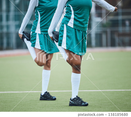 Team, stretching legs and exercise on field, sports and uniform for match, balance and teamwork together. Training with athletes, outdoor and fitness to prepare for game, workout for performance 138185680