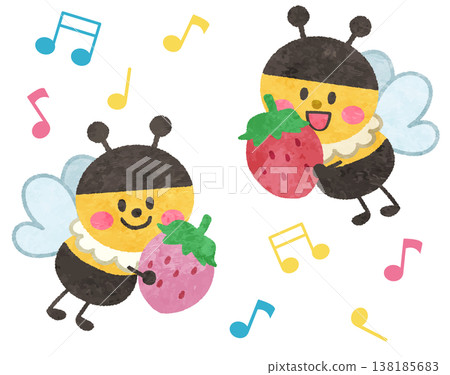 An illustration of a cute bee holding a strawberry. 138185683
