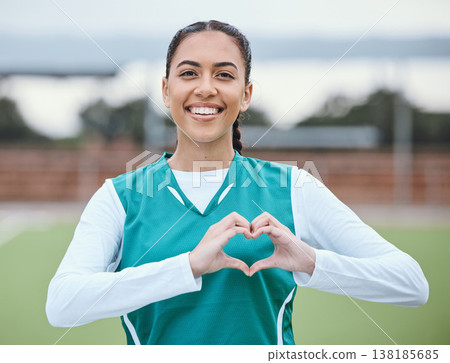 Portrait, heart hands or happy with woman on sports field for fitness, exercise or workout for wellness. Love sign, hand gesture or healthy athlete in training game for hockey or emoji with smile Portrait, heart hands or happy with woman on sports field for fitness, exercise or workout for wellness. Love sign, hand gesture or healthy athlete in training game for hockey or emoji with smile 138185685
