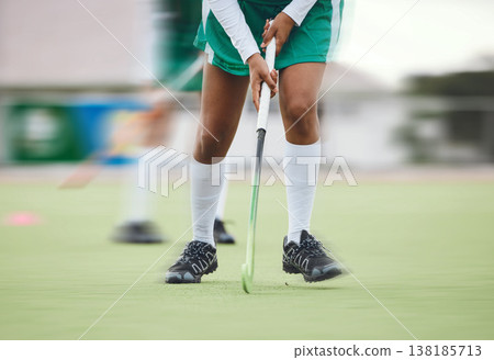 Hockey, legs or woman running in game, tournament or training with stick, fitness or action on turf. Blur, closeup or fast girl player in exercise, workout or motion on artificial grass for speed Hockey, legs or woman running in game, tournament or training with stick, fitness or action on turf. Blur, closeup or fast girl player in exercise, workout or motion on artificial grass for speed 138185713