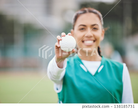 Female, person and smile for hockey with ball in hand on field for competition, match or workout. Girl, happy and confident with sports, equipment or gear for game, training and health for wellness Female, person and smile for hockey with ball in hand on field for competition, match or workout. Girl, happy and confident with sports, equipment or gear for game, training and health for wellness 138185731