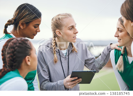 Coach, sports women or team planning tactics or strategy in a hockey training game, conversation or match. Tablet, talking or athletes in practice for fitness exercise together for teamwork in group 138185745