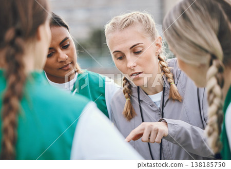 Leader, sports coach or team planning tactics or strategy in a hockey training game, conversation or match. Women, talking or athletes in practice for fitness exercise together for teamwork in group 138185750