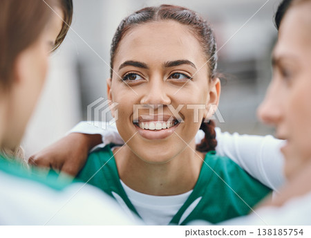 Happy, woman and team huddle in sports, game or conversation on field for advice in soccer match or competition. Football player, group and support in circle or exercise, workout or training together 138185754