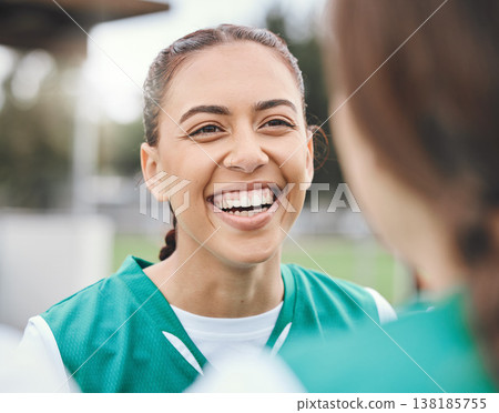 Funny, team sports or happy woman in conversation on turf or court on break in fitness training or exercise. Smile, friends or female hockey players laughing or talking to relax together outdoors Funny, team sports or happy woman in conversation on turf or court on break in fitness training or exercise. Smile, friends or female hockey players laughing or talking to relax together outdoors 138185755