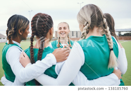 Sport, women and group in circle for team building, solidarity and diversity on field outdoor in nature. Hockey, girls and hug for unity, teamwork and game discussion with happiness and collaboration Sport, women and group in circle for team building, solidarity and diversity on field outdoor in nature. Hockey, girls and hug for unity, teamwork and game discussion with happiness and collaboration 138185760