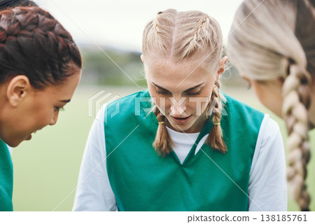 Planning, sports women or team in huddle with support, solidarity or plan for a hockey training game. Group, talk or female athletes in practice for fitness exercise or match together for teamwork 138185761