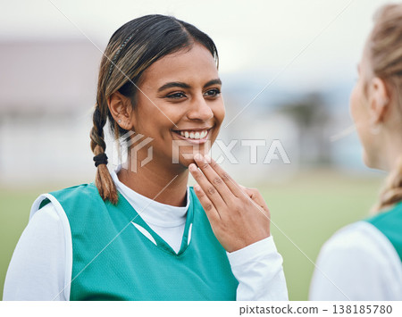 Woman, field and smile for hockey or wellness for sport competition for exercise, training or fitness. Athlete, exercise clothes and outdoor contest in sun for workout, strong or cardio for health Woman, field and smile for hockey or wellness for sport competition for exercise, training or fitness. Athlete, exercise clothes and outdoor contest in sun for workout, strong or cardio for health 138185780