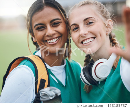 Selfie, sports and portrait of women friends on field smile for training, exercise and workout. Fitness, team and happy people take profile picture for social media, memory and bonding in sport club Selfie, sports and portrait of women friends on field smile for training, exercise and workout. Fitness, team and happy people take profile picture for social media, memory and bonding in sport club 138185787