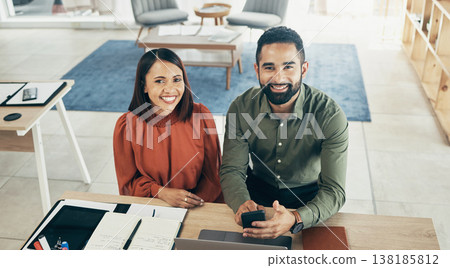 Entrepreneur, couple and office as portrait at desk for teamwork support, commitment or collaboration. Happy partnership, business owner and smile for company growth, future development or planning Entrepreneur, couple and office as portrait at desk for teamwork support, commitment or collaboration. Happy partnership, business owner and smile for company growth, future development or planning 138185812