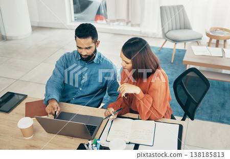 Man, woman and work in office with laptop for startup, cost management and accounting in above. Mexican people, brainstorming and collaboration with financial reports with mentor, email and planning Man, woman and work in office with laptop for startup, cost management and accounting in above. Mexican people, brainstorming and collaboration with financial reports with mentor, email and planning 138185813