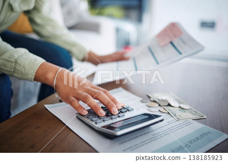 Hand, calculator and money, budget and paperwork for bills, finance management with insurance policy and cash. Financial plan, person with information on documents and audit with accounting at home Hand, calculator and money, budget and paperwork for bills, finance management with insurance policy and cash. Financial plan, person with information on documents and audit with accounting at home 138185923