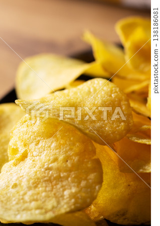 Beautiful closeup of crispy potatoes. Detailed macro shot of crunchy salted chips 138186081