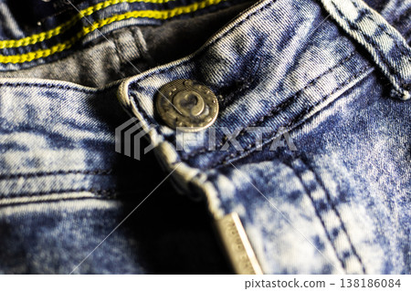 Fashion promotion emphasizing textured denim with metallic details in city surroundings 138186084