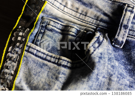 Denim pocket detail. Detailed image of denim pocket highlighting texture and craftsmanship 138186085