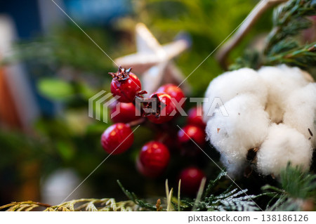 Holiday festive decoration. Rustic holiday decor with natural textures and greenery 138186126