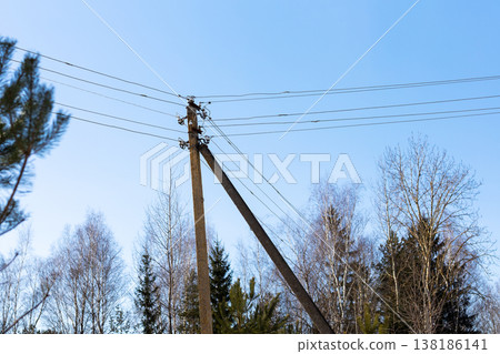Serene countryside with birds sitting on poles amidst bare trees during seasonal migration Serene countryside with birds sitting on poles amidst bare trees during seasonal migration 138186141
