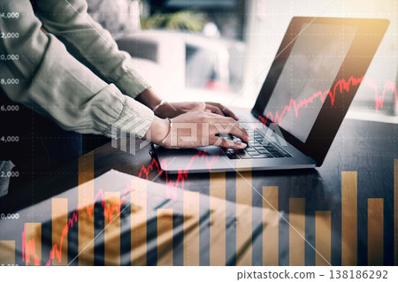 Laptop, hands and stock market or trading overlay with debt, economy crisis and home budget. Person on computer with cash, money and salary or financial risk, orange graphs or price increase warning Laptop, hands and stock market or trading overlay with debt, economy crisis and home budget. Person on computer with cash, money and salary or financial risk, orange graphs or price increase warning 138186292