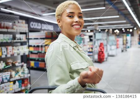 Portrait, smile and woman grocery shopping in retail, supermarket and convenience store for drink. Groceries, market and face of happy African customer in shop for wholesale, sales deal and discount Portrait, smile and woman grocery shopping in retail, supermarket and convenience store for drink. Groceries, market and face of happy African customer in shop for wholesale, sales deal and discount 138186415