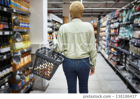 Back, supermarket shopping and a woman customer in a store to purchase a product for retail spending. Grocery food, shelf and inflation with a consumer or shopper carrying a basket in an aisle 138186437