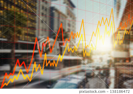 City background, graphs or stock market with fintech, exchange rate or stocks with corporate deal. Town, buildings or inflation with money, investment or trading with finance, economy and overlay 138186472