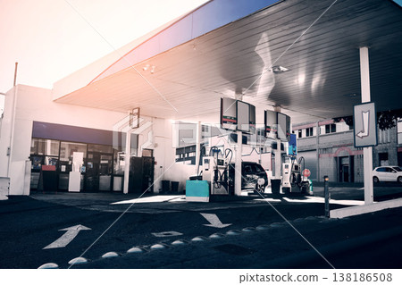 Gas station, cars and fuel for travel or transportation, auto stop and diesel service. Morning, road and and an area for gasoline for transport, oil change or a store for traveling inspection 138186508