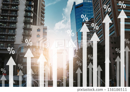 Chart, finance and overlay on buildings, increase and inflation with cost of living crisis with stats, numbers or traffic. Graph, arrow and percentage for economy data, growth or gdp in Cape Town cbd Chart, finance and overlay on buildings, increase and inflation with cost of living crisis with stats, numbers or traffic. Graph, arrow and percentage for economy data, growth or gdp in Cape Town cbd 138186511